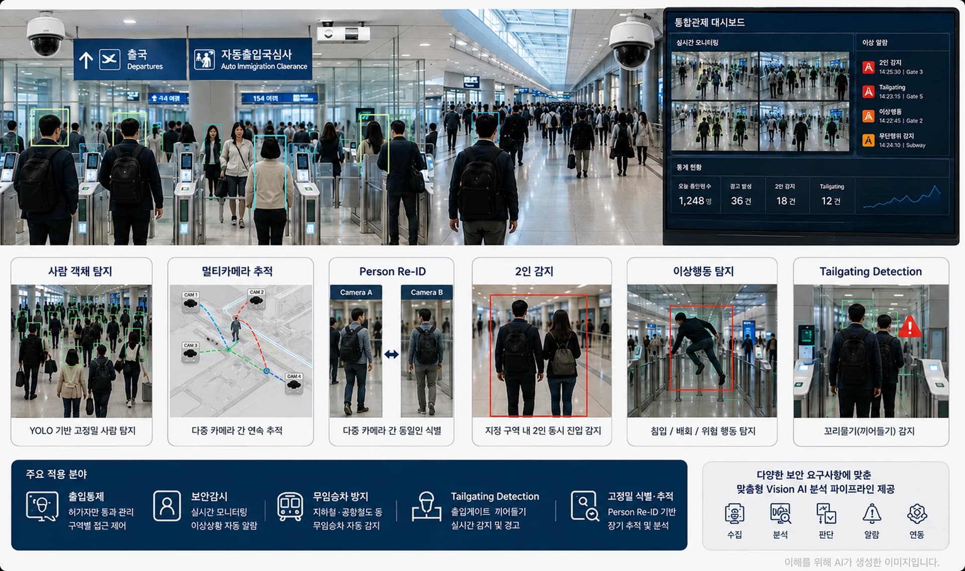 Access & Security AI — Airport Vision AI Solution, Person Detection·Multi-camera Tracking·Re-ID·2-person Detection·Abnormal Behavior·Tailgating