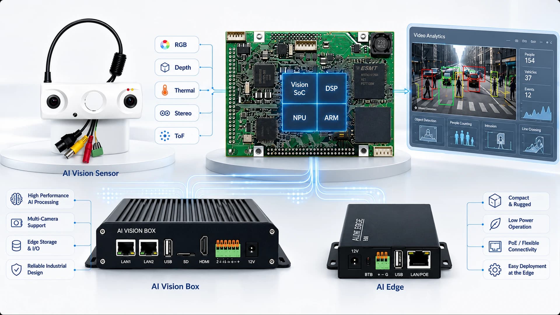 Embedded Vision AI — AI Vision Sensor, Vision SoC·DSP·NPU·ARM, AI Vision Box, AI Edge, Video Analytics