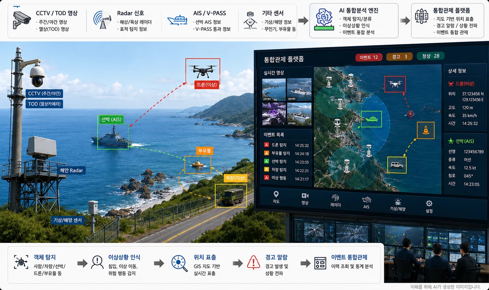 Defense Operations AI — Coastal/GOP Integrated Control Solution, CCTV·TOD·Radar·AIS fusion, AI Analytics Engine, Integrated Control Platform
