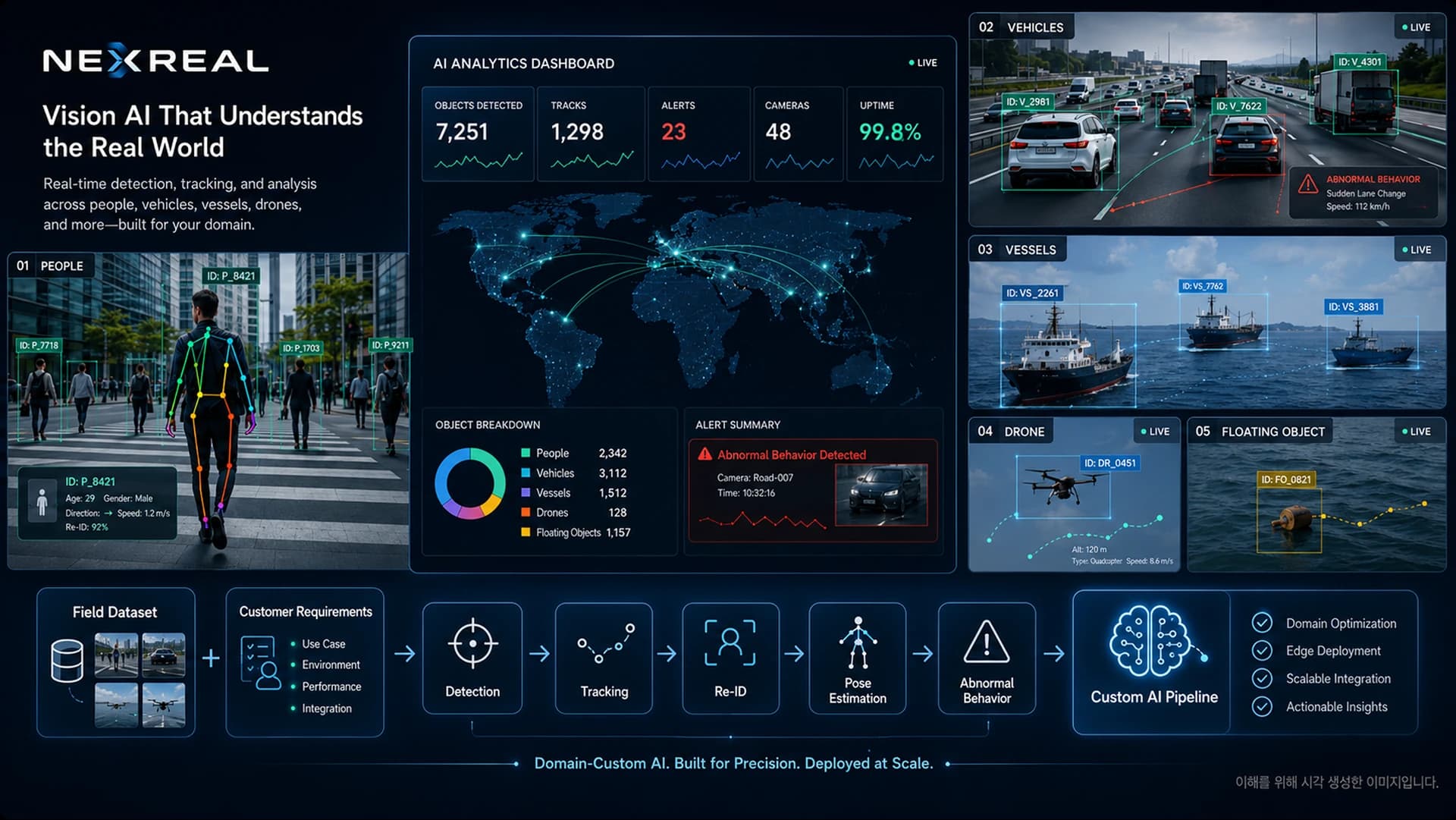 Real-Time Vision AI — AI Analytics Dashboard, Detection·Tracking·Re-ID·Pose·Abnormal Behavior 파이프라인