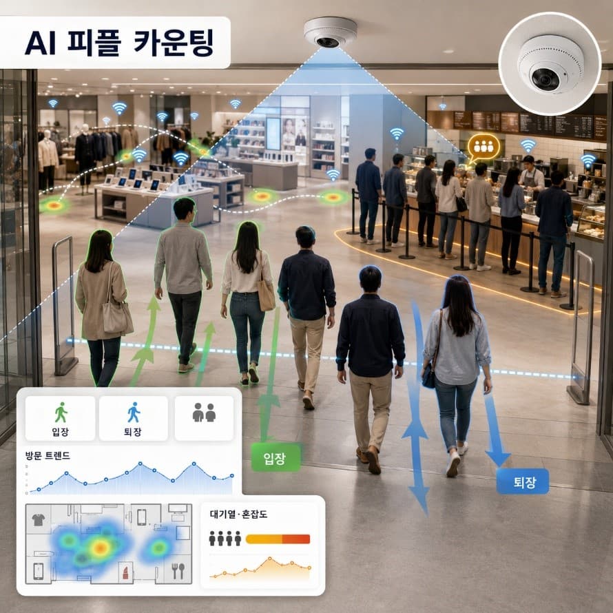 AI 피플 카운팅 — 매장 입장·퇴장, 방문 트렌드, 대기열·혼잡도