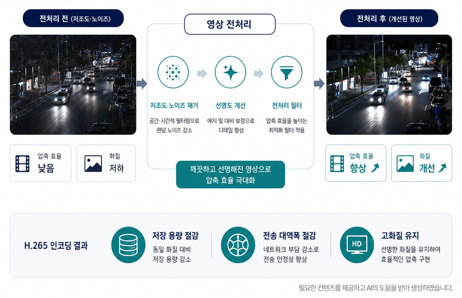 영상 전처리 전후 비교 및 H.265 인코딩 결과