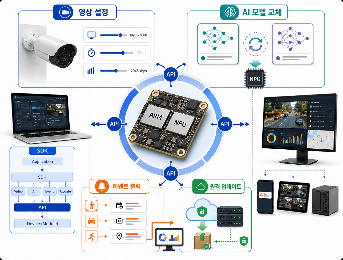 SDK/API로 영상 설정, AI 모델 교체, 이벤트 출력, 원격 업데이트를 연동하는 구조