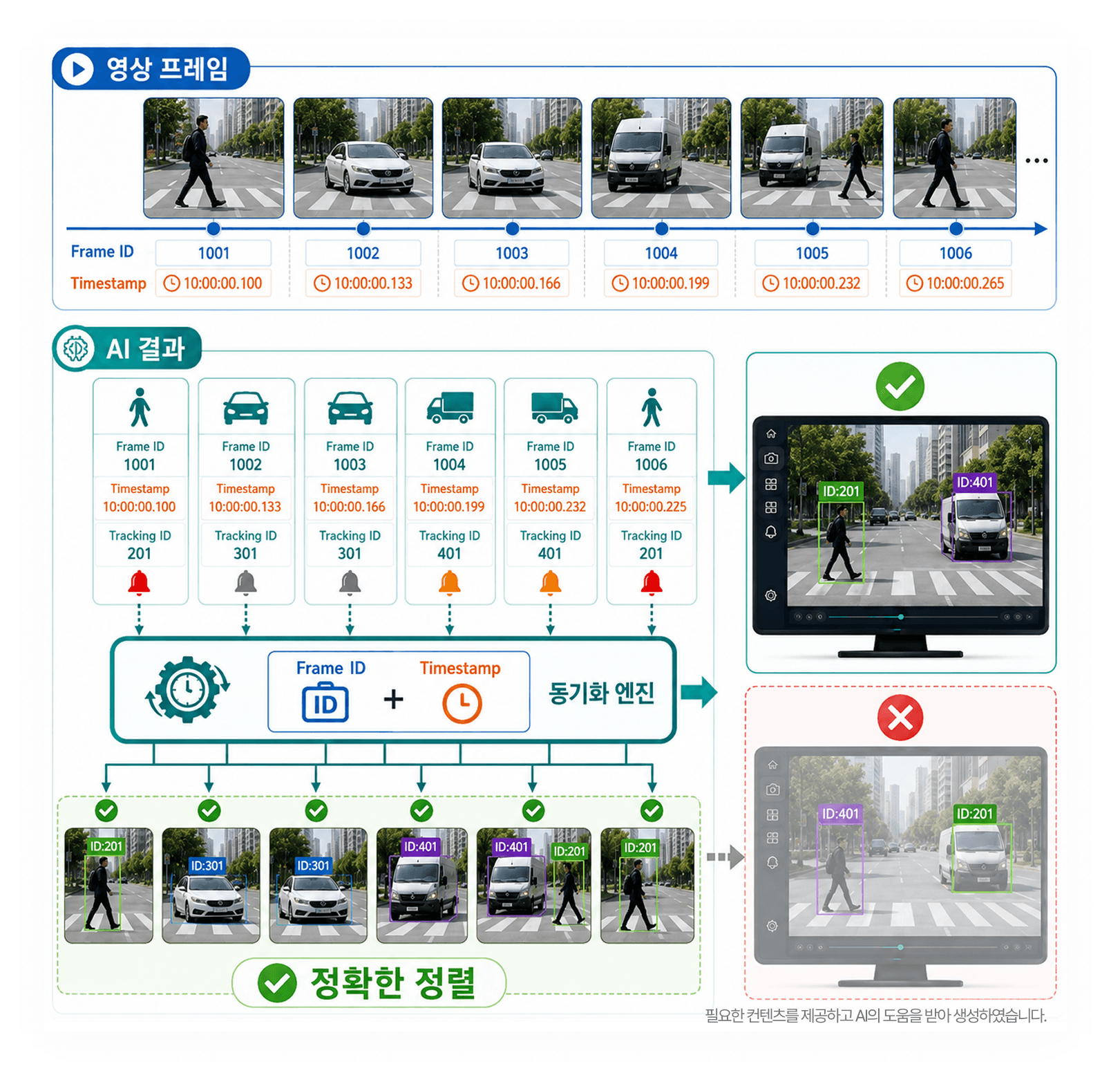 Frame ID와 Timestamp로 영상 프레임과 AI 탐지 결과를 정렬하는 메타데이터 동기화
