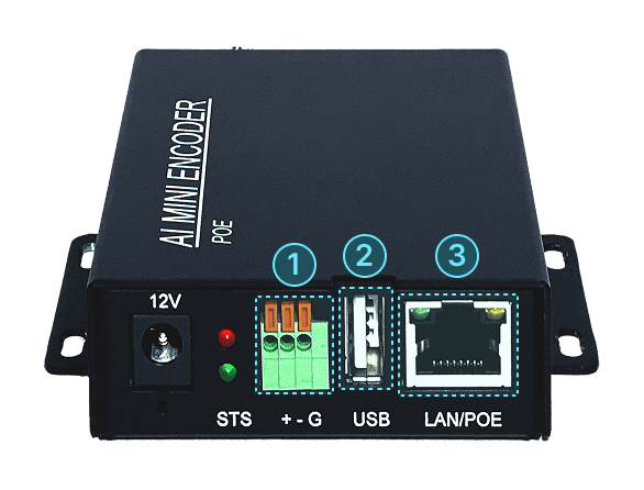 AI Vision Box MINI-T 후면부 — ALARM OUT, USB, LAN/POE