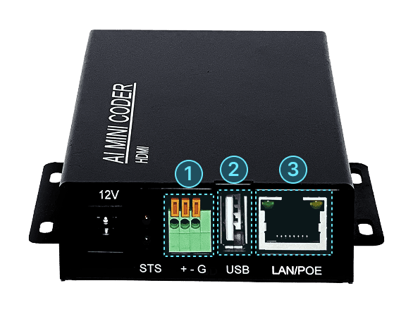 AI Vision Box MINI-H 후면부 — ALARM OUT, USB, LAN/POE