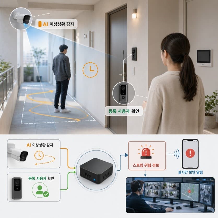 AI 스토킹 위험·이상상황 감지 — 현관 배회 분석, 등록 사용자 확인, AI Box 경보