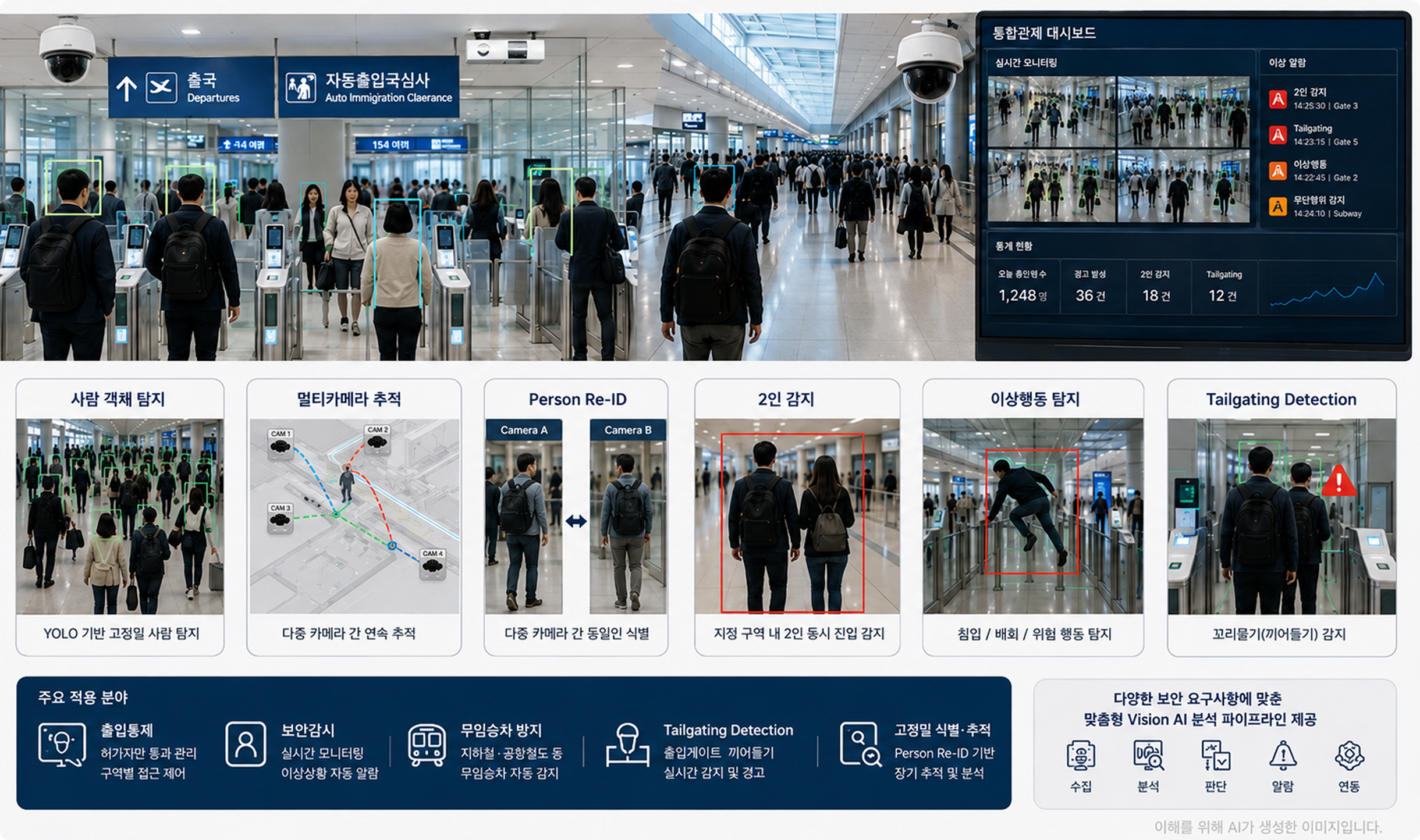 Access & Security AI — Airport Vision AI Solution, Person Detection·Multi-camera Tracking·Re-ID·2-person Detection·Abnormal Behavior·Tailgating