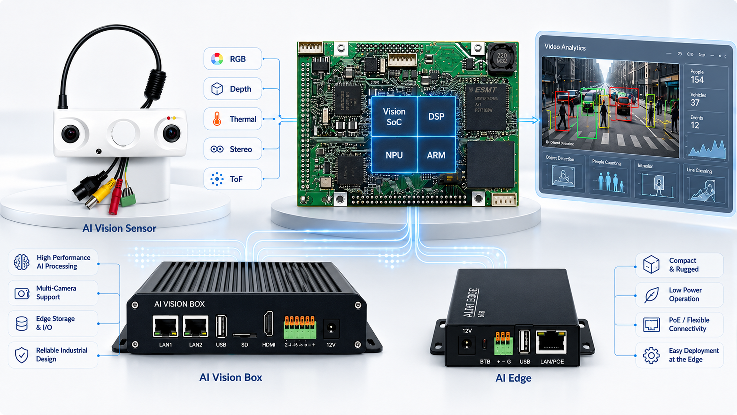 Embedded Vision AI — AI Vision Sensor, Vision SoC·DSP·NPU·ARM, AI Vision Box, AI Edge, Video Analytics