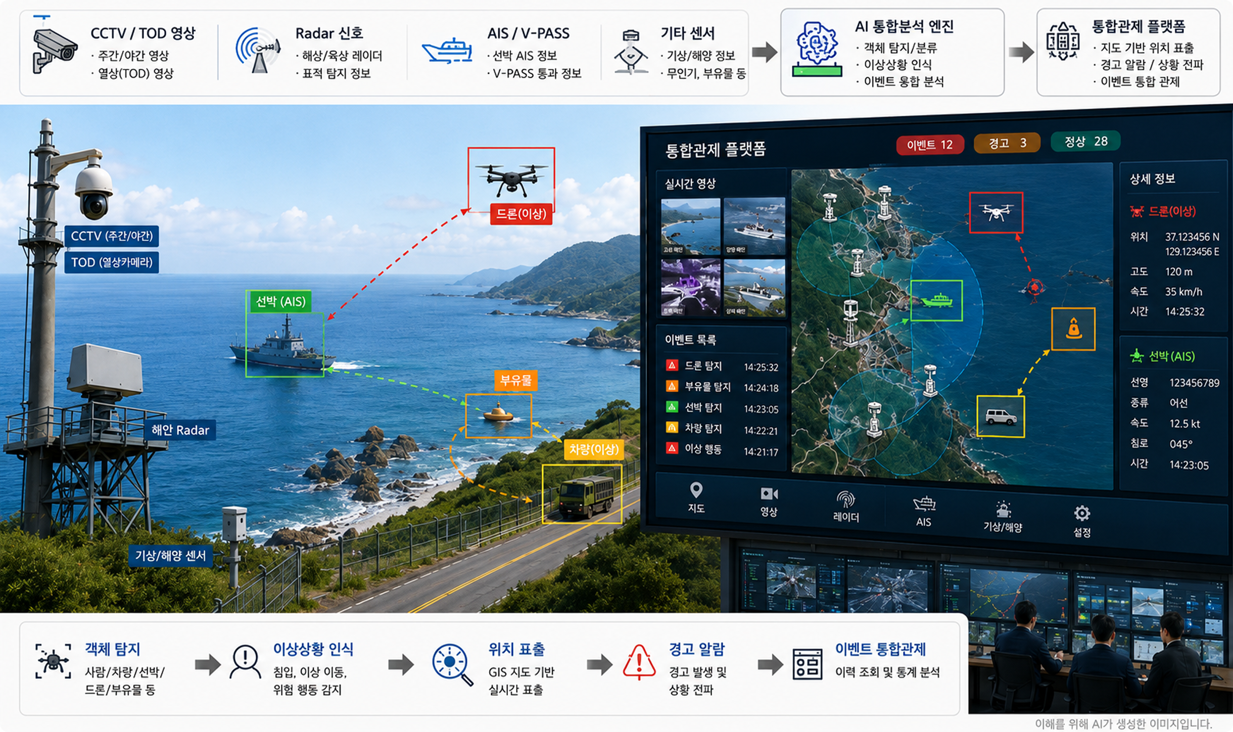 Defense Operations AI — Coastal/GOP Integrated Control Solution, CCTV·TOD·Radar·AIS fusion, AI Analytics Engine, Integrated Control Platform