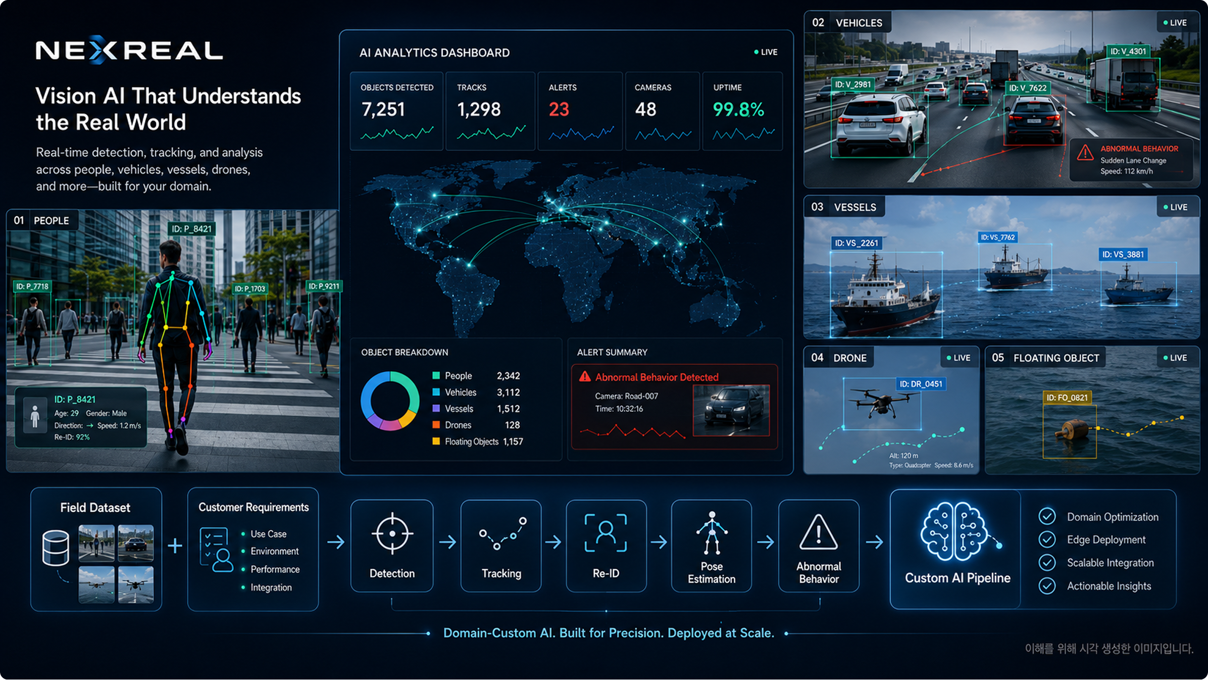 Real-Time Vision AI — AI Analytics Dashboard, Detection·Tracking·Re-ID·Pose·Abnormal Behavior 파이프라인