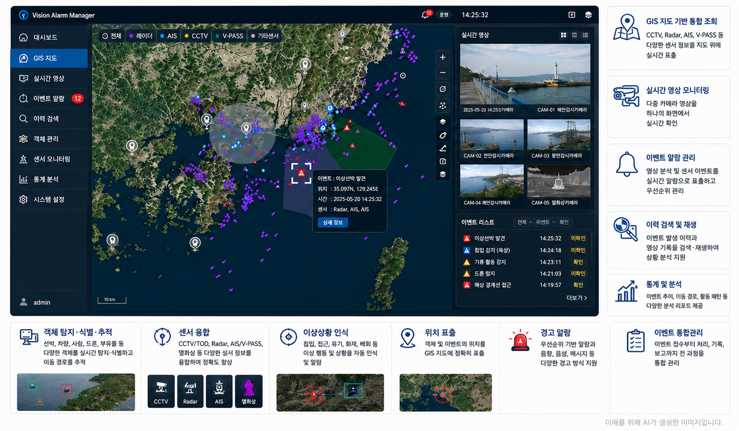 Event Alarm Management AI — Vision Alarm Manager GIS Integrated Control Platform, GIS Map·Real-time Video·Event Alarm·History Search